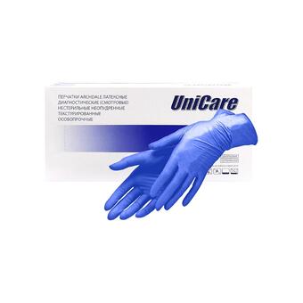 172M Перчатки Unicare латексные особопрочные синие, размер M, 25 пар.